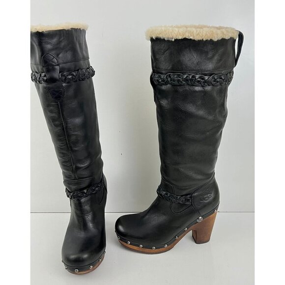 Ugg Savanna Clog Boots Women's Black Leather Knee High Size 6  Sheepskin Lined - Picture 10 of 16